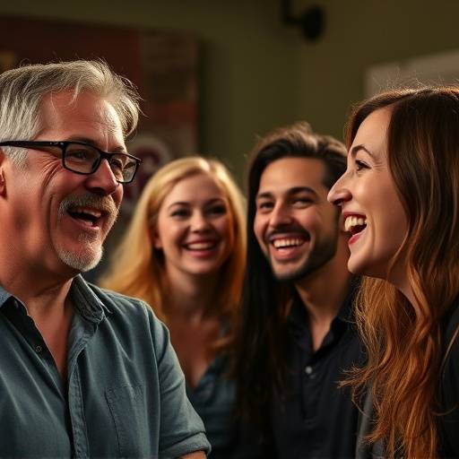 A group of actors joyfully participating in an improvisational acting game, laughing and interacting with each other.