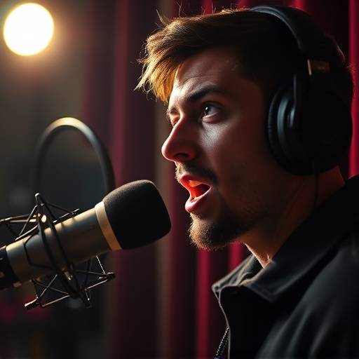 A voice actor in a recording booth, speaking into a microphone with headphones on, focused on delivering a compelling performance.