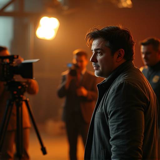 An actor performing on a film set, with a director and camera crew visible in the background, capturing the scene.