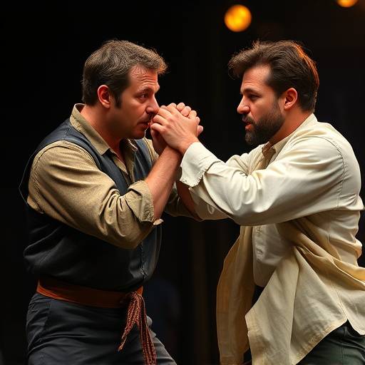 Two actors engaged in a choreographed stage combat sequence, demonstrating safe and convincing fight movements on stage.